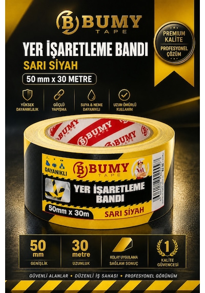 Yer İşaretleme Bandı Sarı Siyah 50 Mm X 30 Metre Pvc Zemin Uyarı Şerit Bantı Bantları