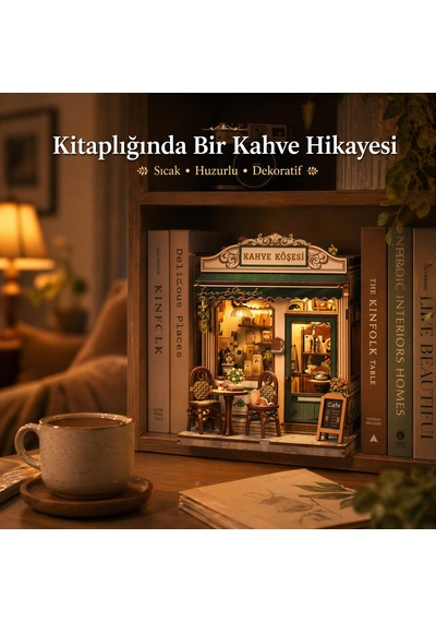 Kahve Köşesi Nook Book Mini Book Nook Dıy Kit Kendin Yap Led Işıklı Ahşap Minyatür Kitap Köşesi