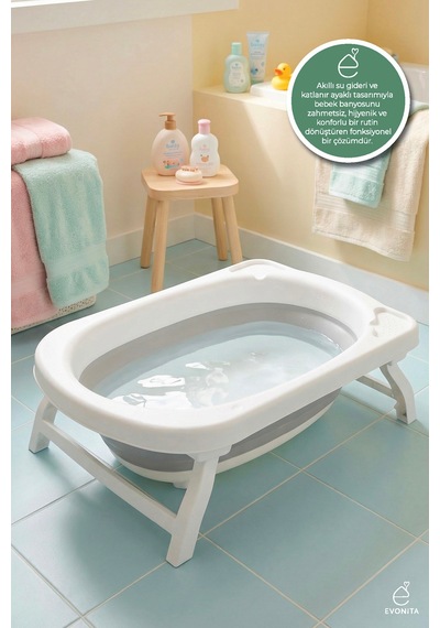 Evonita Katlanabilir Ayaklı Bebek Küveti 76x48x25 Cm Portatif Katlanır Bebek Banyo Küveti Hijyenik Konfor