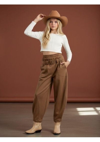 Zekids Kız Çocuk Kemerli Süet Baggy Tasarım Pantolon-16465 Camel