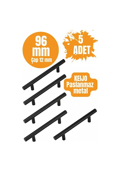 5 Adet Keijo Siyah 96mm Paslanmaz Kulp Mobilya, Dolap Kulbu, Kulp Modeli Mat Siyah