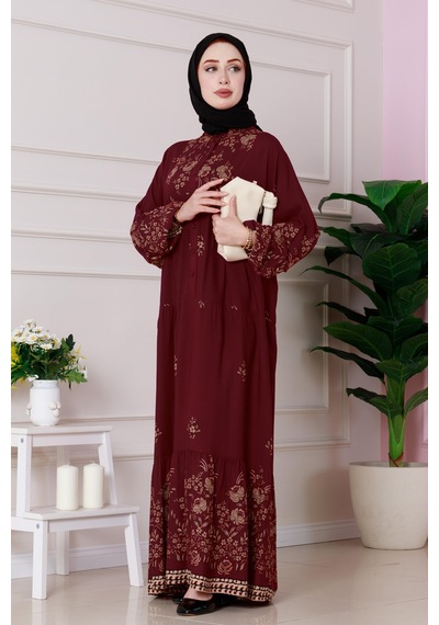 Sevitli Yarım Düğmeli Robalı Nilay Elbise-bordo-4876 Bordo