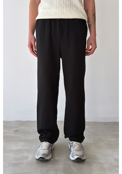 Flaw Bel Lastikli Keten Pantolon-29294 Siyah