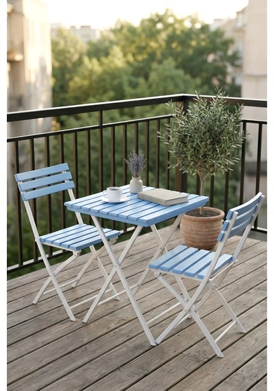 Katlanabilir 3'lü Masa Sandalye Bahçe & Bistro & Kamp & Balkon Takımı - Mavi