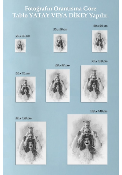 Kişiye Özel Karakalem Efektli Fotoğraf Dijital Baskı Dekoratif Kanvas Tablo 8 Farklı Ölçü