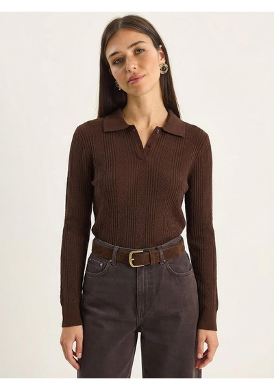 Shade Kadın Polo Yaka Patlı Regular Fit Triko Kazak 20258063 - Kahverengi