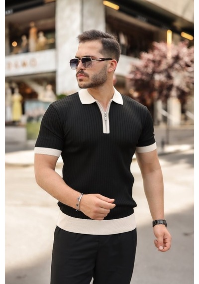 Veraura Lifestyle Erkek Yaka Ve Kol Detaylı Fermuar Yakalı Çizgi Desen Kısa Kollu Triko Tişört Siyah Veraura Lifestyle Erkek Yaka Ve Kol Detaylı Fermuar Yakalı Çizgi Desen Kısa Kollu Triko Tişört Siyah