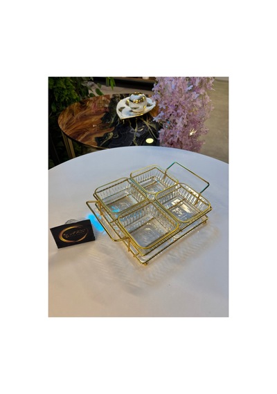 Ars Paşabahçe Frezya Yaldızlı Kare Kase, Metal Gold Standlı 4'lü Çerezlik, Sunumluk, Kahvaltılık