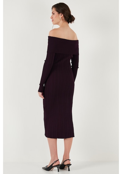 Lela Premium Fitilli Carmen Yaka Slim Fit Midi Boy Triko Bayan Elbise 680El00033 Mürdüm Lela Premium Fitilli Carmen Yaka Slim Fit Midi Boy Triko Bayan Elbise 680El00033 Mürdüm
