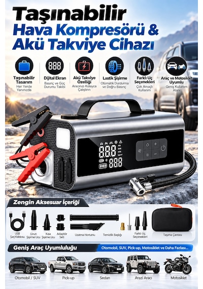 Castu Cs69 Plus Max 10 İn 1 Akü Takviye Cihazı 18000 Mah Kompresör Araç Süpürgesi Powerbank