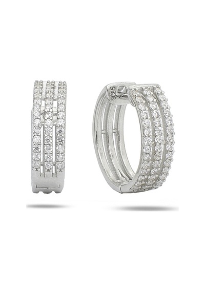 Brezza Lusso Jewelry Diamond Model 3 Sıra Yarımtur Halka Kadın Gümüş Küpe 16 Mm