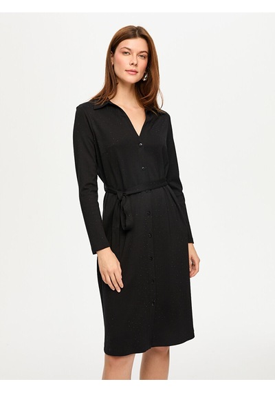 Beli Kuşaklı Örme Gömlek Elbise S26elb025 Us26elb02510 Siyah