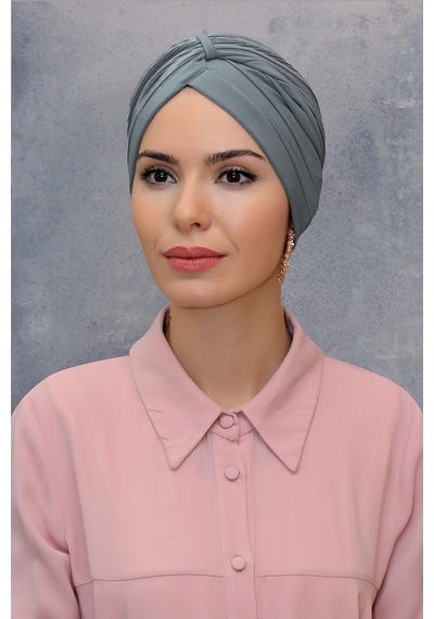 Hürrem Bone Gri Pratik Hazır Geçmeli Tesettür Bone Fukuro Sandy Kumaş Büzgülü Gri