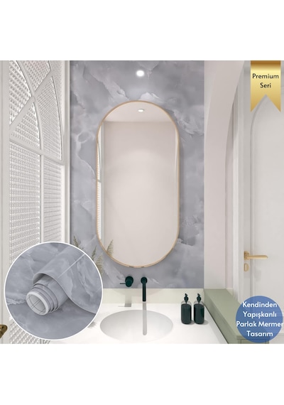Technosmart 60x500cm Mermer Desen Kendinden Yapışkanlı Duvar Kağıdı Kaplama Mutfak Tezgeh Masa Folyo Açık Gri