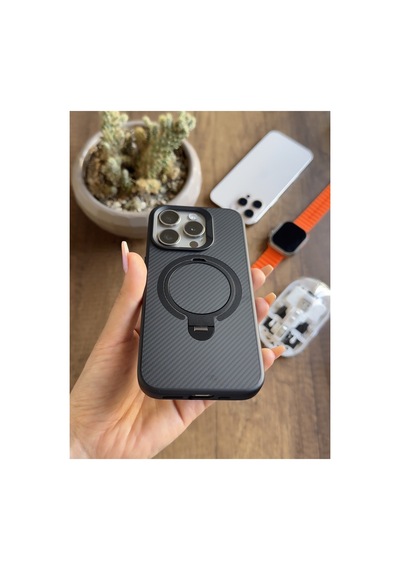İphone 15 Pro Uyumlu Karbon Desenli Standlı Ve Magsafe Uyumlu Kılıf Soocase700