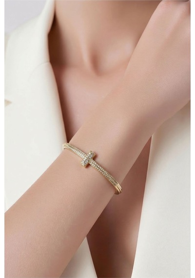 Zirkon Taşlı Modern Tasarım T Kadın Gold Kelepçe Bileklik Altın Altın