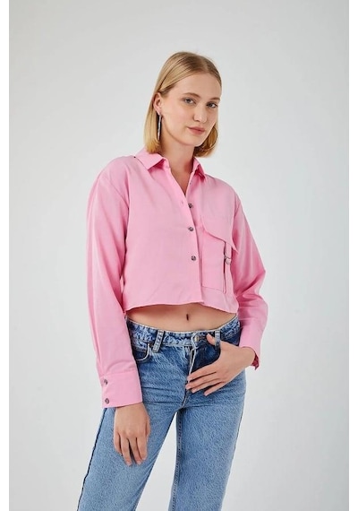 Mixray 4444 Kadın Apoletli Crop Gömlek Şeker Pembe