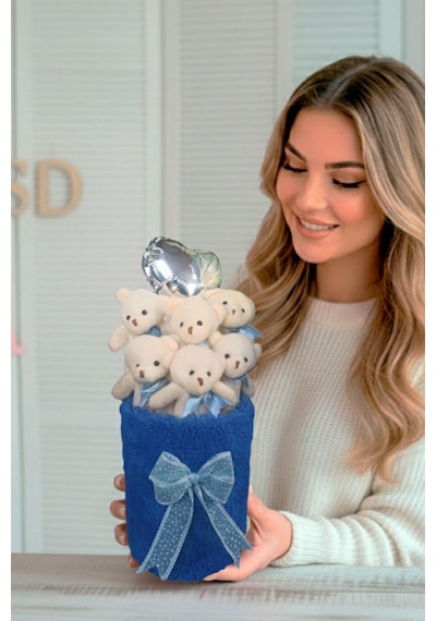Deluxe Lacivert Peluş Silindir Kutuda, Kalpli Balonlu 6 Lı Lacivert Ayıcık Buketi - Sevdiğine Hediye