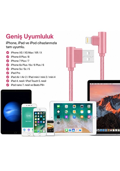 L Tipi 90 Açılı Lightning Şarj Kablosu İphone Uyumlu Naylon Örgülü Dayanıklı Kablo -