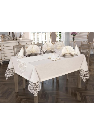 Crown Linen Fransız Güpürlü Masa Örtüsü Takımı 26 Parça Krem