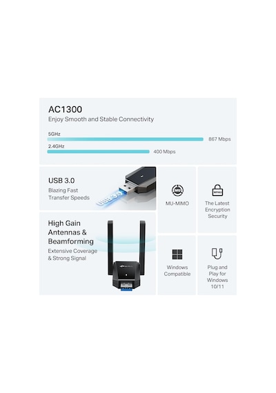 Archer T5u Plus Ac1300 Wifi Usb Adaptör, Dual Band 1300 Mbps 867 Mbps 5ghz + 400 Mbps 2.4ghz , Usb 3.0, Çift Yüksek Kazançlı Anten, Wpa3, Windows Uyumlu Kablosuz Adaptör