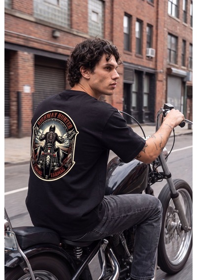 Black Nova Oversize Baskılı Unisex %100 Pamuk T-shirt Highway Hunter Siyah