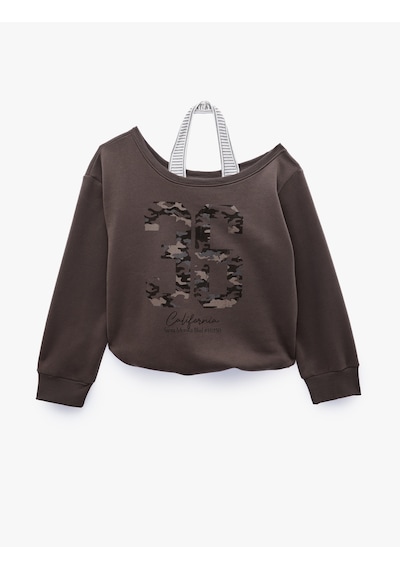 Koton Halter Yaka Uzun Kollu Şardonlu Baskılı Sweatshirt Kahverengi 7wal10255ık Kahve