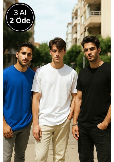Rich Erkek 3'lü Paket Siyah-kırmızı-mavi Pamuklu Oversize Tişört Bisiklet Yaka Kısa Kollu T-shirt Mavi