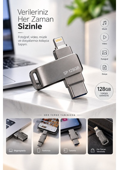 Kompakt Tasarımlı 128gb Çok Amaçlı Usb Flash Bellek Lightning Type C Girişli Taşınabilir Depolama