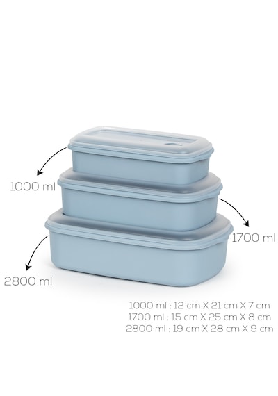 Porsima 5314 Kilitli Sızdırmaz Kapaklı Hava Tahliye Contalı Çok Amaçlı 3lü Dikdörtgen Erzak Yiyecek Saklama Kabı Seti Mavi- 1000-1700-2800ml Mavi