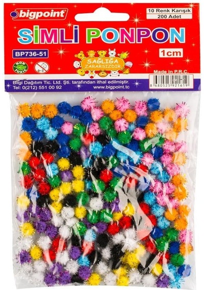 10 Farklı Renkte Bigpoint Marka 1 Cm Simli Ponpon 200 Adet
