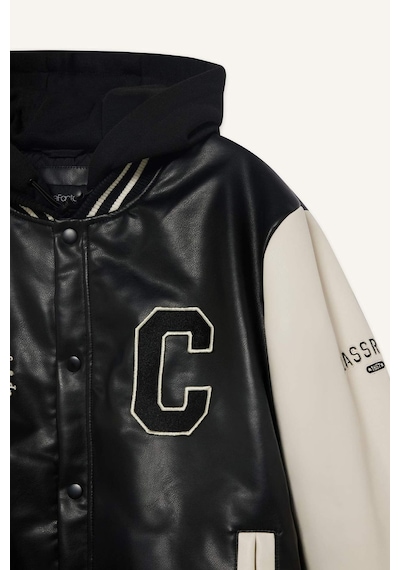 Defacto Regular Fit Kolej Yaka Çıkarılabilir Kapüşonlu Çıtçıtlı Suni Deri Bomber Mont E9972ax25aubk27 Siyah