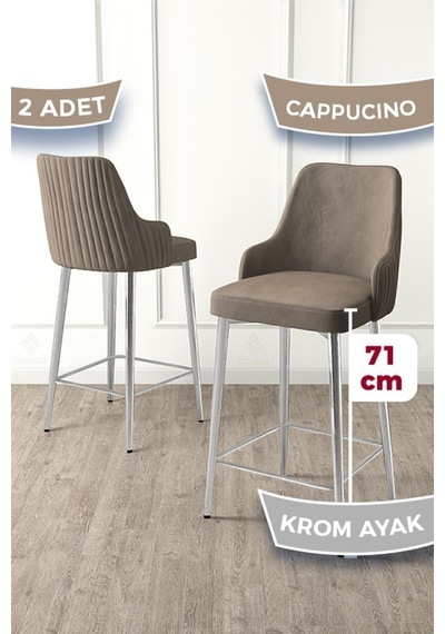 Canisa Enox Serisi 2 Adet Cappucino Mutfak Bar Sandalyesi Babyface Kumaş Krom Kaplama Metal Ayak Sandalyeler Cappucino Ayaklar Krom