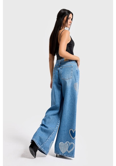 it's basic Kadın Kot Rengi 2s54 Parlak Taşlı Kalp Detaylı Bol Kesim Tasarım Denim Jean Mavi