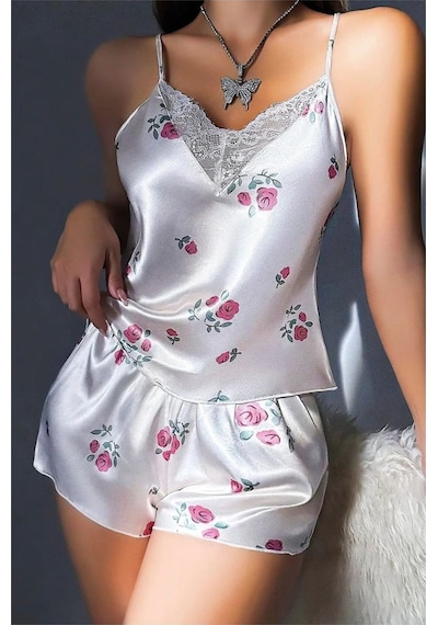 Hotflirt Nl 3660 Kadın Beyaz Desenli Saten Şık Şortlu Takım Beyaz