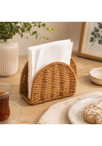 El Örgüsü Rattan Peçetelik Ahşap Görünümlü Masa Peçete Düzenleyici Çok Renkli
