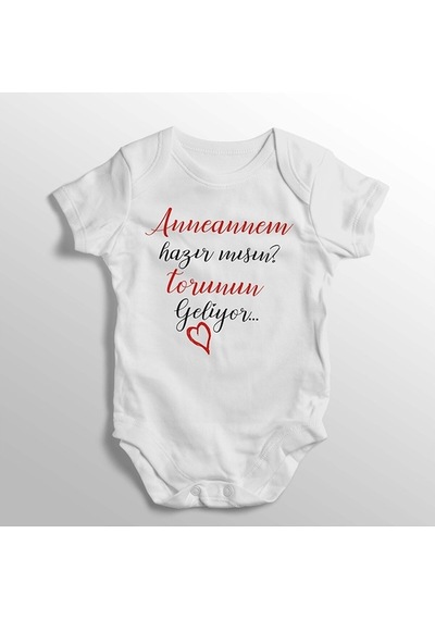 İmaj Tuğbababy Anneannem Hazır Mısın Torunun Geliyor Yazılı Baskılı Bebek Zıbını Beyaz
