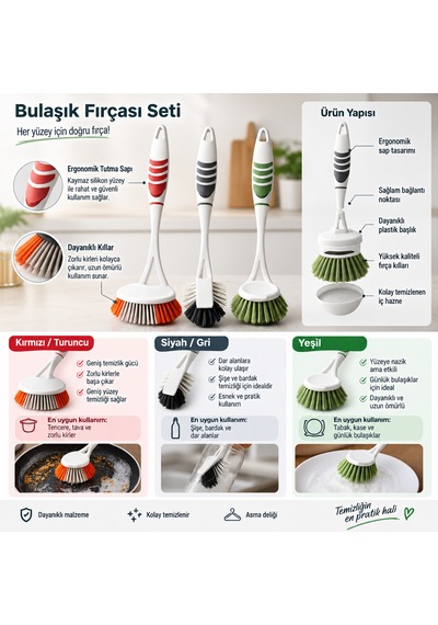 3'lü Pratik Fırça Seti - Banyo, Lavabo Ve Bulaşık Fırça Seti - Bulaşığa Ayrı Banyoya Ayrı Fırça