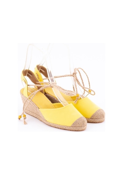 Star Tombis Gerçek Elişi Bilekten Bağcıklı Topuğu Açık Dolgu Topuk Sarı Keten Hasır Espadril Handmade Sarı