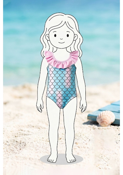 Zuzunga Kız Çocuk Mermaid Desenli Fırfırlı Mayo Mavi-pembe
