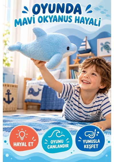 30 Cm Mavi Yunus Balığı Peluş Oyuncak Yumuşacık Sarılmalık Sevimli Deniz Hayvanı Çocuk Oyun Arkadaşı