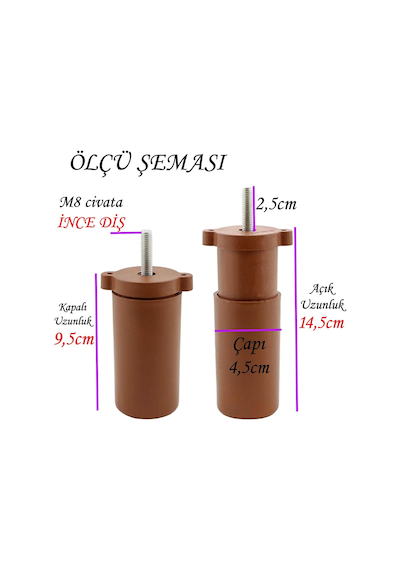 Açelya 6'lı Set 10 Cm Ceviz Mobilya Ünite Çekyat Koltuk Kanepe Ayağı 9.5 X 14.5 Cm Ayarlı M8 Destek Baza Ayak