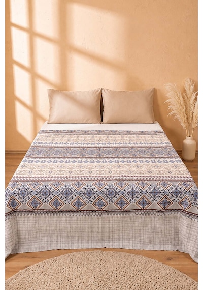 İndigo Etnik Desenli Çift Kişilik Baskılı Pike & Yatak Örtüsü 200x230 Cm