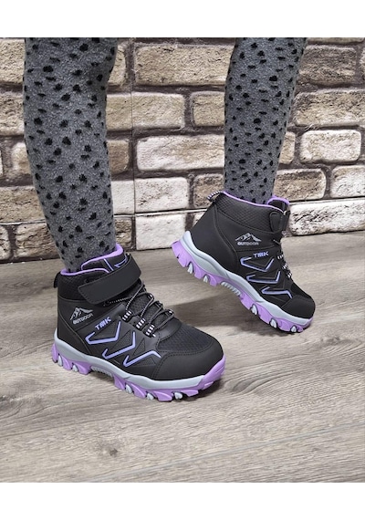 Rahat Konforlu Taban Outdoor Spor Cırtlı Çocuk Botu Siyah - Lila
