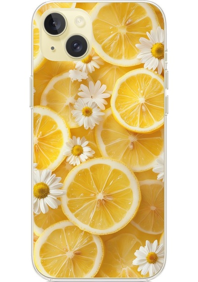 İphone 15 Plus Uyumlu Limon Dilimleri Ve Papatya Desenli Baskılı Silikon Kılıf Renkli