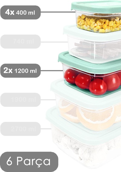 Meleni Home 6'lı Dikdörtgen Erzak Saklama Kabı Seti Mikrodalgaya Uygun Düzenleyici Organizer Erzak Kabı Yeşil