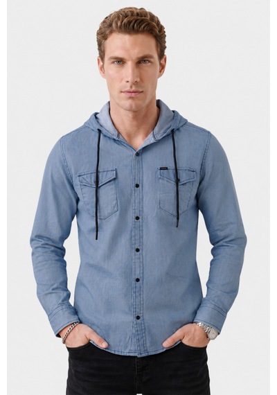 Deep Sea Deepsea Mavi Kapüşonlu Likralı Kot Gömlek Slim Fit Çıt Çıt Kapamalı Erkek Gömlek 2300396
