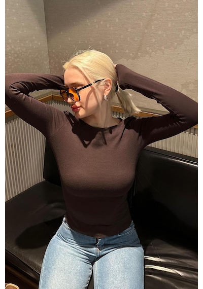 Madmext Acı Kahve Kayık Yaka Uzun Kollu Kadın Top Body Mg2267 Acı Kahverengi