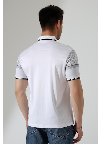 Rıbana Classıc Fermuar Detaylı Desenli Pamuklu Polo Yaka T-shirt Beyaz