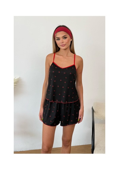 Giysa Kadın Askılı Kiraz Desenli Şortlu Pijama Takımı Siyah - 3300
